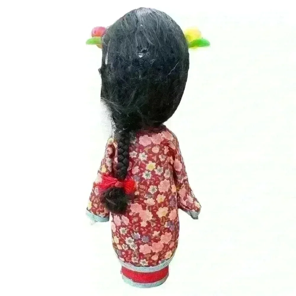 VTG Mid Century Handmade Painted Chinese Peg Doll with Red Floral Robe